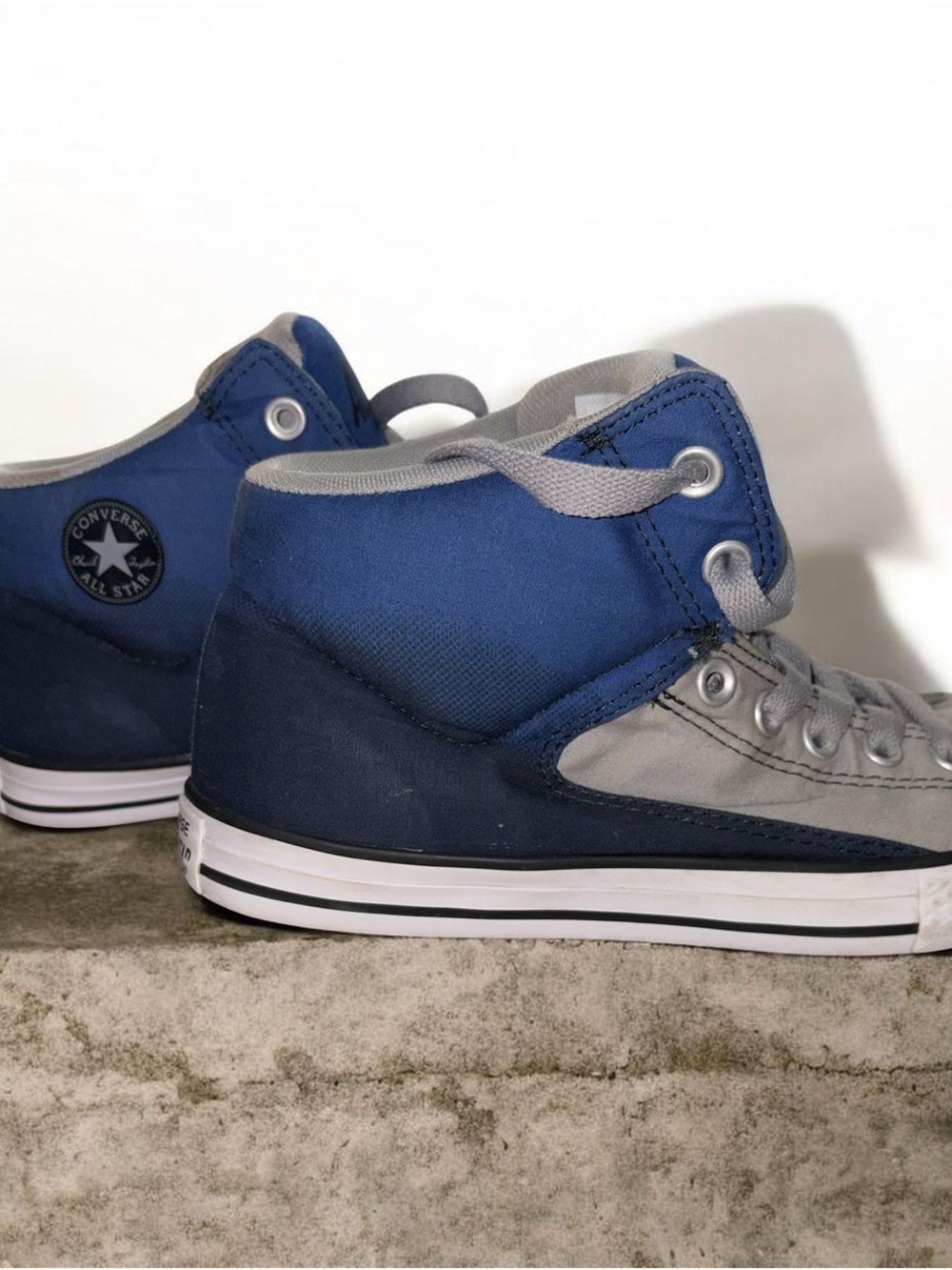 Converse Kids Gray & Blue High-Top Sneakers with puffed top.